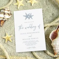 Modern Starfish Beach Script Dusty Blue Wedding Invitation
