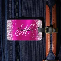 Silver Glitter Hot Pink Foil Fancy Monogram Luggage Tag