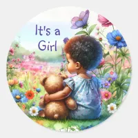 Baby Girl with Teddy Bear Baby Shower It's a Girl Classic Round Sticker