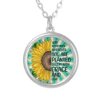 Inspirational Quote and Hand Drawn Sunflower Silver Plated Necklace