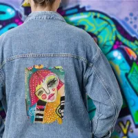 Quirky Colorful Original Art Girl Pink Orange Blue Denim Jacket