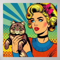 Cartoon Comic Pop Art Women Holding Cat Poster