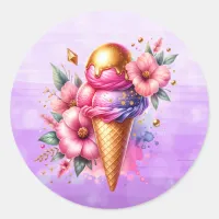 Pretty Pink and Gold Ice Cream Cone Birthday Classic Round Sticker