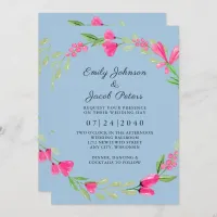 Pink Floral Greenery Light Blue Elegant Wedding Announcement