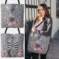 Floral Zebra Face Butt Black White Wavy Stripes Tote Bag