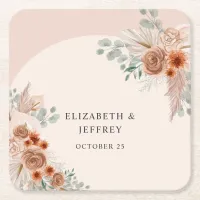 Rustic Elegant Boho Terracotta Pampas Wedding Square Paper Coaster