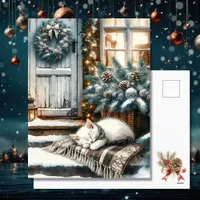 Kitten Asleep on Festive Front Porch Christmas Holiday Postcard