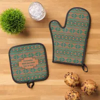 Southwest Teal Copper Geometric Print Personalized Oven Mitt & Pot Holder Set