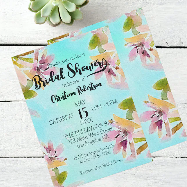 Exotic Watercolor Succulents Bridal Shower Invitation
