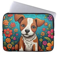 Cute Puppy with Whimsical Folk Art Flowers Laptop Sleeve