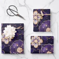 Dark Purple Floral and Faux Gold Wrapping Paper Sheets