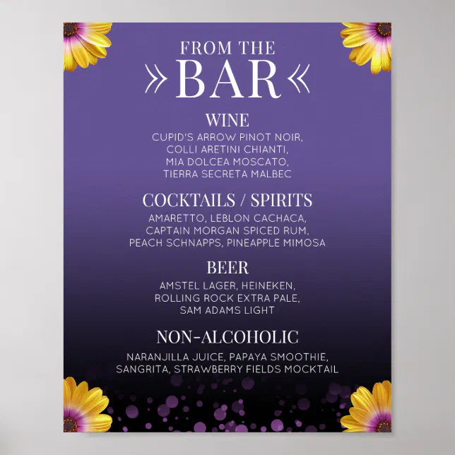 Elegant Daisies with Purple Glitter Wedding Drinks Poster
