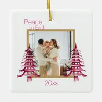 Red Pagoda Christmas Trees 2-Photo Peace On Earth Ceramic Ornament