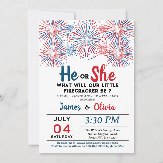 Firecracker 4th Of July Gender Reveal Party Invitation