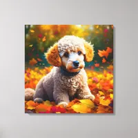 Apricot Poodle Puppy in Fall Leaves   Canvas Print