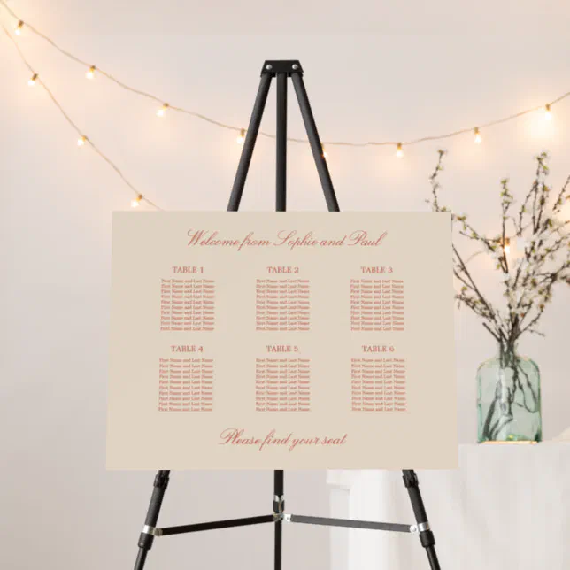 Terracotta Script 6 Table Wedding Seating Chart Foam Board