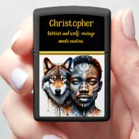 Merging worlds of man and wolf in vibrant art zippo lighter