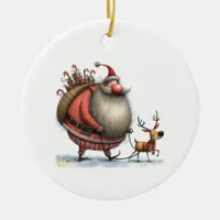 Fun Santa with a Reindeer and Gifts Customized Ceramic Ornament