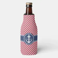 Red & Navy Stripes Nautical Anchor Monogram Bottle Cooler