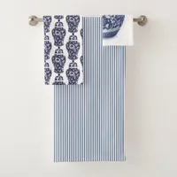 Hamptons Navy Indigo Blue White Ginger Jar Pattern Bath Towel Set