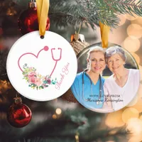 Pink Floral Stethoscope Heart Nurse ThankYou Photo Ceramic Ornament