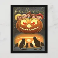 Vintage Halloween Children and Cats Postcard