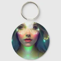 Glowing Green Stars Goddess of Light Fantasy Art Keychain