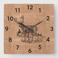 Rustic Burlap and Pencil Sketch Buck Square Wall Clock