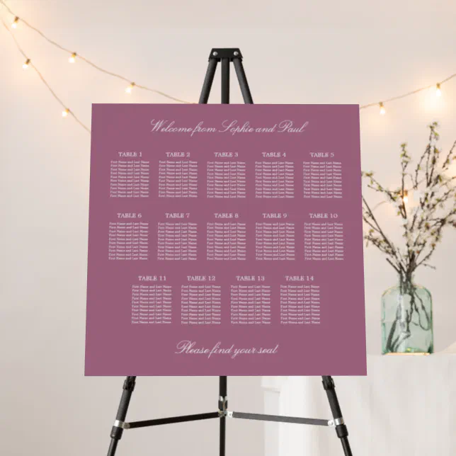 Mauve 14 Table Wedding Seating Chart Foam Board