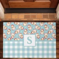 Vintage Santa Blue Gingham Monogrammed Christmas Doormat