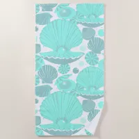 Seashells Pattern, Aqua Blue and Teal Seaside Beach Towel