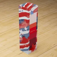 Watercolor US Flag and Red Band 4th of July Wine Box