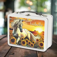 White Horse in Field of Sunflowers Personalized Metal Lunch Box