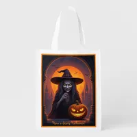 Scary Halloween Witch and Crazy Smile Pumpkin Grocery Bag