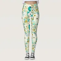 Pretty Folk Art White and Turquoise Flowers   Leggings