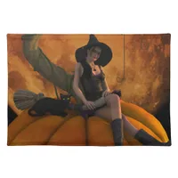 Witch and Cat on Giant Pumpkin  Cloth Placemat