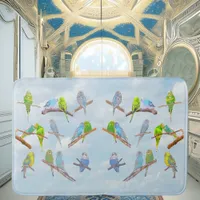 Lots of colorful parakeets - cute little birds    bath mat