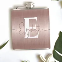 Modern Elegant Rose Gold Brushed Metal Monogrammed Flask