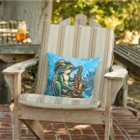 Summer Fresh Blue, Saxophone Frog Outdoor Pillow