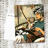 Cozy Lady Reading with Coffee and Cat Postcard