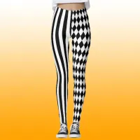 Halloween Black White Stripes Harlequin Pattern Leggings