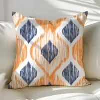 Navy Blue and Orange Ogee Ikat Pattern Throw Pillow