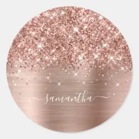 Glittery Rose Gold Girly Signature Calligraphy Classic Round Sticker