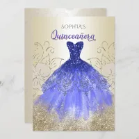 Gold Royal Blue Sparkle Dress Quincea&#241;era Invitation