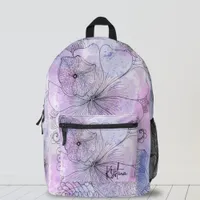 Black Ink Botanicals on Soft Pastel Watercolor  Printed Backpack