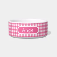 Personalized Gingham Hot Pink Check Pet Bowl