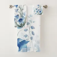 Blue and white bluebells floral coastal bathroom  bath towel set