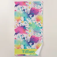 Pastel Rainbow Paint Splatter Beach Towel