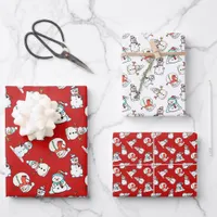 Christmas Snowmen Red And White Holiday Wrapping Paper Sheets