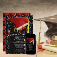 Graduation Red Grad Cap Diploma Confetti Black Invitation